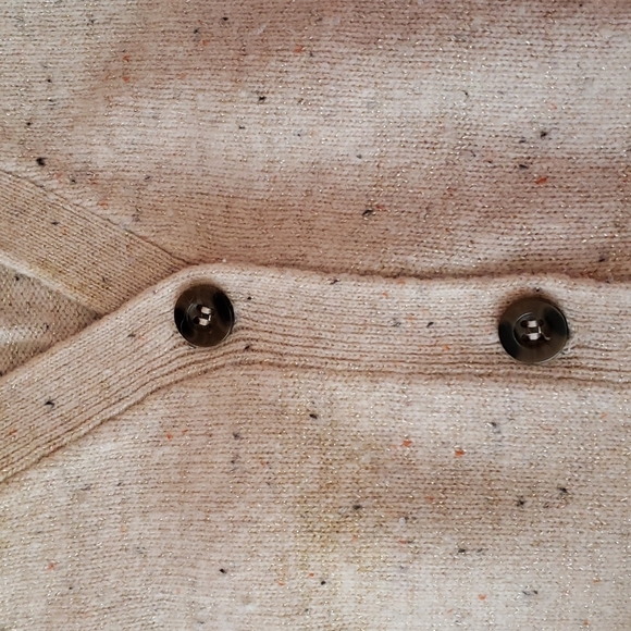 A cream colored long sleeve button-down cardigan with colored dots all around - Picture 6 of 6